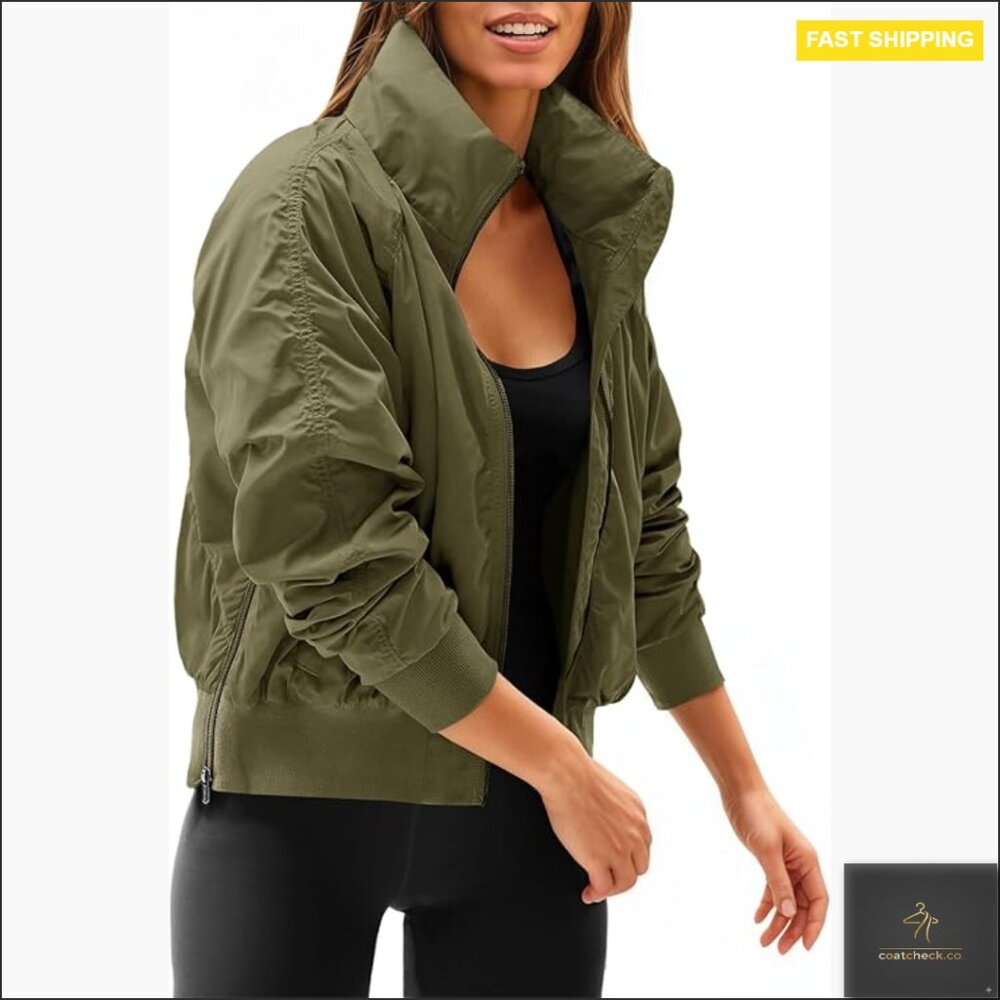 Windbreaker Crop Jacket With Hidden Hood, Long Sleeve Zip Up Bomber